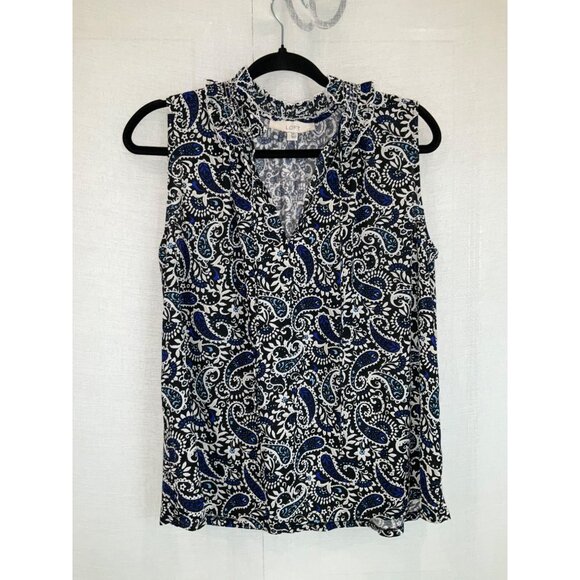 Loft Sleeveless Paisley Print Blouse Top L Black/Blue Polyester NWOT - Picture 1 of 5